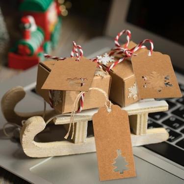 Imagem de 150 etiquetas de presente de papel de Natal, etiquetas Kraft marrons penduradas, árvore de Natal, design de floco de neve de rena com barbante de 30 metros para presente de Natal, lembrancinha de