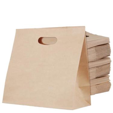 Imagem de NINGWAAN 150 peças de sacos de papel kraft, sacolas de presente marrom para viagem com alça cortada para restaurante, mercearia, compras, 28,4 x 28,4 x 15,2 cm