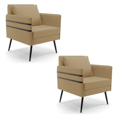 Imagem de Kit 02 Poltronas Linho Pés Palito De Ferro Preto A32 Palha