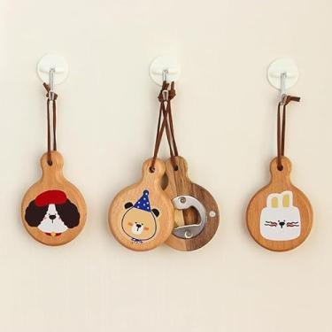 Imagem de Abridor de garrafa de madeira de desenho animado criativo, alça redonda com ímã, abridor de garrafa de cerveja com design de coelho, ímã de geladeira exclusivo