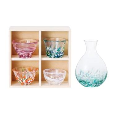 Imagem de Conjunto de saquê japonês feito à mão – presente elegante para qualquer ocasião (jarra de saquê Mizubasho conjunto de 4 xícaras (quatro estações), jarra (365 ml), copo (50-85 ml))