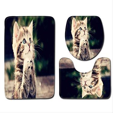 Imagem de Tapete de banheiro de três peças para gatos, tapete decorativo de banheiro 3D para animais de estimação e assento de vaso sanitário, cobertor de banheiro antiderrapante, tapete de chuveiro