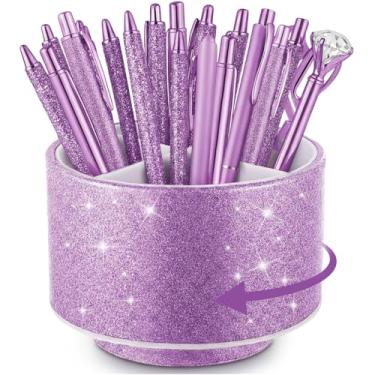 Imagem de Epakh Porta-canetas de couro sintético com glitter, copo de lápis giratório de 360 graus, feminino, meninas, luxuoso, organizador de pincéis de maquiagem, presente para mesa, escritório, sala de aula