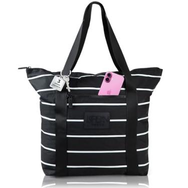 Imagem de Bolsas femininas listradas de praia – Sacolas de viagem com material leve e forte – Linda sacola para viagens de fim de semana, preto/branco, L