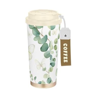 Imagem de SEHANY Caneca de viagem Green Leaves de 482 ml Copos de café reutilizáveis revestidos de cerâmica com tampa à prova de vazamento, parede dupla, isolamento a vácuo, copo de café de aço inoxidável para