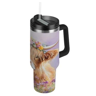 Imagem de SEHANY Copo Highland Cow de 850 g com tampa e canudo, aço inoxidável de vácuo duplo isolado garrafa de água esportiva suporte para copo de café de viagem à prova de vazamento para bebida gelada