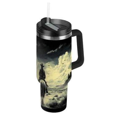 Imagem de Blueangle Copo cowboy americano de 1,134 g com alça e tampa de palha, caneca de viagem de aço inoxidável isolada a vácuo de parede dupla, garrafa de água reutilizável para academia de escritório ao ar