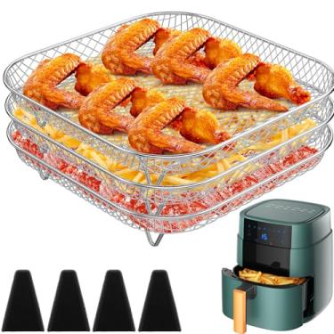 Imagem de Prateleiras de fritadeira a ar com 3 camadas de 20 cm com 4 pés de silicone, bandeja retangular empilhável para fritadeira a ar, prateleiras de desidratador de aço inoxidável para 5,273 g-7,654 g e