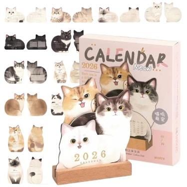Imagem de QZAVIRE Calendário mensal de mesa 2026 para gatos e cães – presente para amantes de animais de estimação, calendário de mesa 3D com base de madeira e páginas de planejamento, agenda de mesa com tema