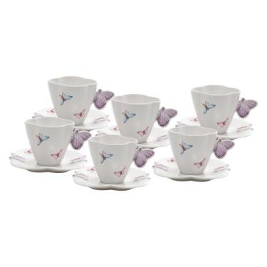 Imagem de 6 Xícaras De Chá Com Pires Porcelana Borboletas Branco 200Ml - Wolff