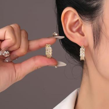 Imagem de Brincos de argola de cristal dourado para mulheres – Brincos grossos de zircônia cúbica com strass brilhante e hipoalergênicos, presentes de casamento, formatura, noivas, One Size, Cobre, Sem pedra