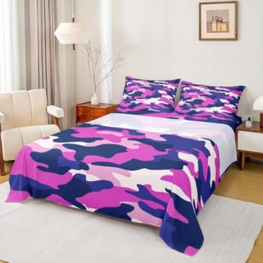 Imagem de Jogo de lençol Queen camuflado exército, roxo azul, graffiti, camuflagem (1 elástico, 1 lençol de cima, 2 fronhas) lençóis luxuosos com bolso profundo