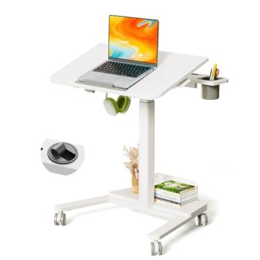 Imagem de JYLH JOYSEEKER Mesa móvel de 71 cm, carrinho de laptop com altura ajustável com topo inclinável de 60° e prateleira de armazenamento, mesa de pé sobre rodas, estação de trabalho portátil para