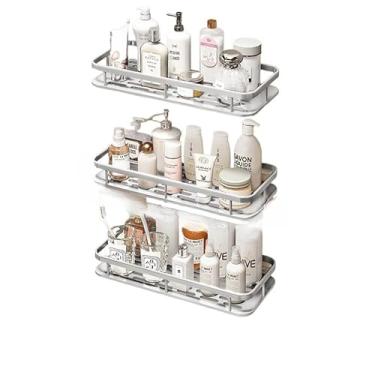 Imagem de Suporte Para Champô Sem Furos - Prateleira Adesiva, Suporte Para Casa De Banho(KIT 3 - Retângulos-Prateado)