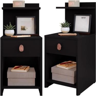 Imagem de Kit 2 Mesa De Cabeceira Com Gaveta E Prateleira Canto Cama Quarto(PRETO)