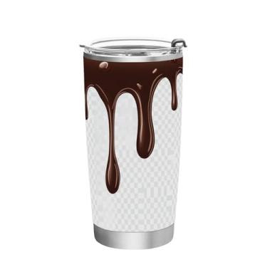 Imagem de Wassud Copo de chocolate marrom pingando com tampa e canudo de aço inoxidável de parede dupla copo isolado copo de viagem caneca de café para bebidas frias e quentes 590 ml