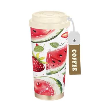 Imagem de YETTASBIN Caneca de café Watermelon com isolamento térmico de 482 g com tampa canudo, copo à prova de derramamento e vazamento com alça para bebida quente e fria, garrafa de água de aço inoxidável