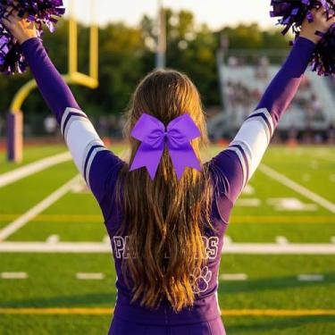 Imagem de 2 peças de 20,32 cm com laços de cabelo roxo para rabo-de-cavalo, faixa elástica feita à mão para meninas adolescentes líderes de torcida esportes universitários