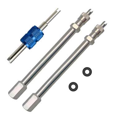 Imagem de Extensores de haste de válvula dupla de 5 polegadas, conjunto de 2 peças, resistente, extensões de haste de válvula de roda dupla de metal reto de 50 mm para pneus de caminhão, pneus de trailer, motorhome, treinador, pickup, motocicleta, bicicleta, reboque