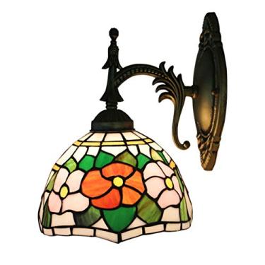 Imagem de Arandelas de parede de 20 cm com vitral em estilo Tiffany, com motivos florais campestres europeus, ideais para cabeceiras, salas de estar e corredores. Potência máxima: 40W.