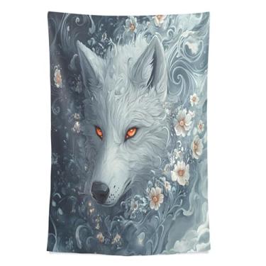 Imagem de STAYTOP Tapeçaria de parede de lobo branco com olhos laranja tapeçarias para decoração de casa dormitório sala de estar quarto tapete de parede (60×40in)