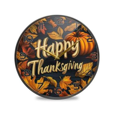 Imagem de YETTASBIN Relógio de parede acrílico Happy Thanksgiving - Silencioso, sem tique-taque, operado por bateria, relógio redondo decorativo criativo para cozinha, sala de estar, banheiro, decoração de