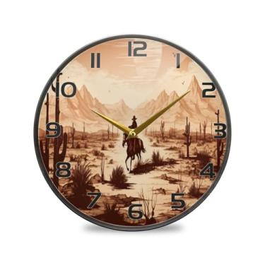Imagem de YETTASBIN Relógio de parede acrílico Western Desert Cowboy - Silencioso, sem tique-taque, operado por bateria, relógio redondo decorativo criativo para cozinha, sala de estar, banheiro, decoração de