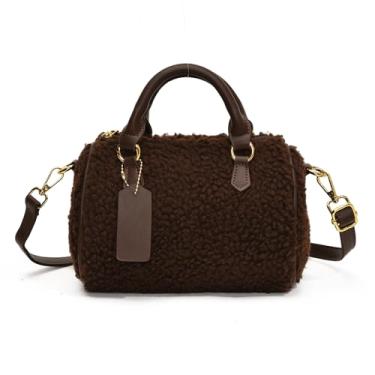Imagem de Extolove Bolsa feminina felpuda de lã de cordeiro fofa bolsa de pele sintética alça superior bolsa tiracolo fofa, Café, X-Small