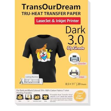 Imagem de rDream Papel de transferência de calor para camisetas escuras (20 folhas 21,5 x 28 cm, escuro 3.0) Vinil de transferência de calor HTV imprimível para impressoras a jato de tinta e a laserjet transferências a ferro para camisetas (TRANS-D3-20)