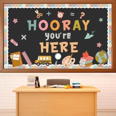 Imagem de QOUBAI Groovy Conjunto de quadro de avisos hippie com tema pastel, sala de aula, quadro de avisos, decoração de papelaria, papel recortado, decoração de sala de aula, para volta às aulas, escritório