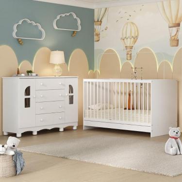 Imagem de Berço 3 Em 1 Para Colchão 130x60cm Com Cômoda 2 Portas 4 Gavetas Aurora Multimóveis MP4766 Branco