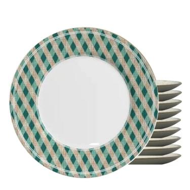 Imagem de Jogo 10 Pratos Raso Joy Natalino Natal Xadrez Verde E Branco Em Cerâmica Alleanza