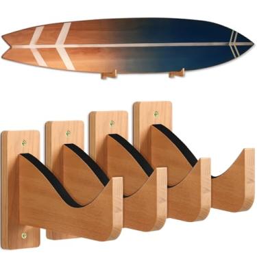 Imagem de Fiwochic 4 peças de suporte de parede de madeira para prancha de surf, ganchos de parede para prancha de surfe, ganchos de suporte de madeira para exibir sua prancha, racks de surf, gancho horizontal