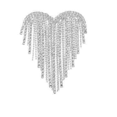 Imagem de RLHRNDE Broche de borla de coração de cristal para mulheres brilhantes asas de anjo broche de borla longo delicado luxo pedra do Reno coração broche de amor moda festa de casamento aniversário dia dos