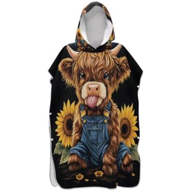 Imagem de Joisal Poncho de surfe trocador de roupão adulto toalha de banho com capuz de praia leve ponchos para mulheres bonito highland vaca preta