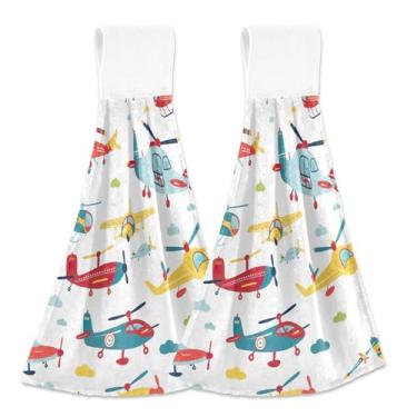Imagem de Toalhas de cozinha de mão personalizadas para aviões e helicópteros com laço de pendurar conjunto de 2 toalhas de cozinha macias absorventes para decoração de casa, 46 x 35 cm