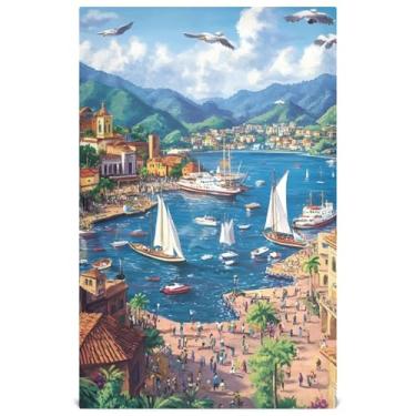 Imagem de Scenic Mediterranean Coastal Town Conjunto de toalha de prato de cozinha decorativo bonito chá toalhas de mão panos absorventes secagem rápida 45 x 71 cm, pacote com 4