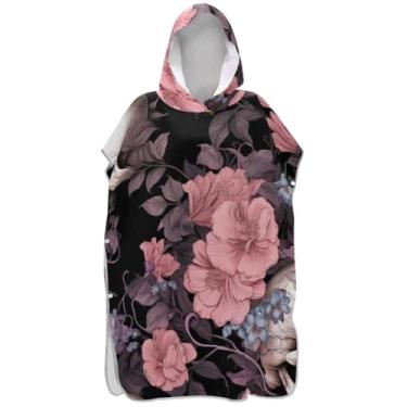 Imagem de Joisal Roupão retrô caveira rosa flor surfe trocador adultos praia com capuz toalha de banho reutilizável homens mulheres poncho com capuz