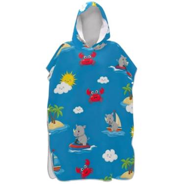 Imagem de Joisal Poncho de surfe plus size para adultos trocador de roupa de praia com capuz toalha de banho bonito desenho animado rinocerontes azul praia ponchos para homens