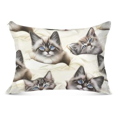 Imagem de Lindas capas de travesseiro decorativas de flanela com estampa de gatos e gatos adoráveis desenhos animados de flanela tamanho king size para cama fofa, tamanho corporal, 53 cm x 137 cm