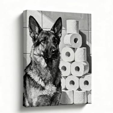 Imagem de Arte engraçada de parede de banheiro, impressão em tela de pastor alemão, cachorro com rolos de papel higiênico, imagem de animal preto e branco, decoração rústica de casa de fazenda, pronto para
