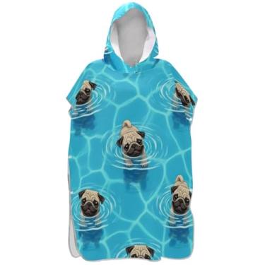 Imagem de Joisal Cute Pugs Poncho de Surf Azul Trocador de Roupão Adultos Praia com Capuz Toalha de Banho Absorvente Adulto Ponchos para Mulheres