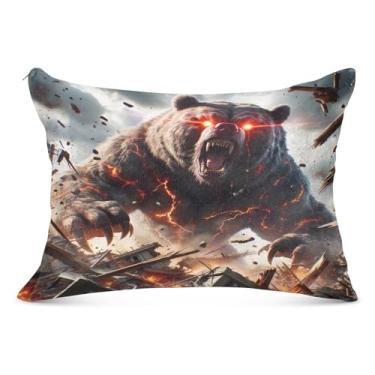 Imagem de Capa de almofada de pelúcia com olhos de fogo de urso rugindo tamanho king size 50 x 76 cm