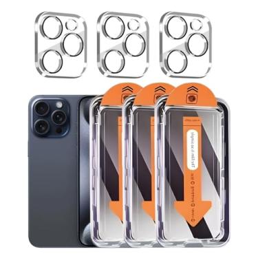 Imagem de Pacote com 3 protetores de tela de privacidade para iPhone 15 Pro de 6,1 polegadas com 3 protetores de lente de câmera, película de vidro temperado antiespionagem, dureza 9H, compatível com capa