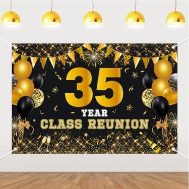 Imagem de JOYMEMO Pano de fundo de reunião de classe de 35 anos de 1,5 x 0,9 m - preto e dourado 35ª reunião escolar decorações, fundo fotográfico para escola primária, universidade, bem-vindo de volta