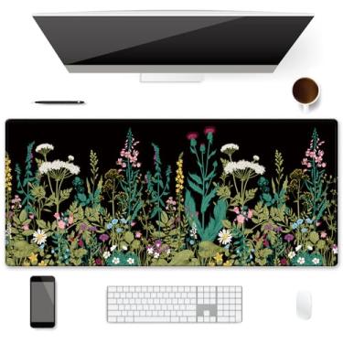 Imagem de Protetor de mesa de escritório 2GG, impermeável, 90 x 40 cm - mouse pad estendido para jogos com base de borracha antiderrapante, tapete de teclado espesso, bordas costuradas e design de flores de