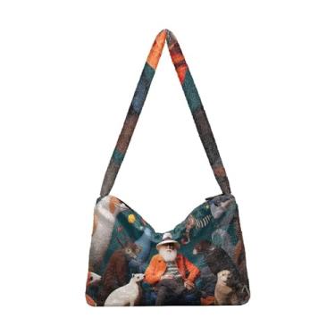 Imagem de GAIGEO Halloween in the Style of Whimsical Bolsa de ombro feminina, bolsa feminina para uso ao ar livre, Old Man Sitting Next to Animals, One Size