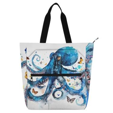 Imagem de Bolsa de trabalho de polvo azul para mulheres, bolsa de lona, faculdade, escola, bolsas, professores, livros, presente