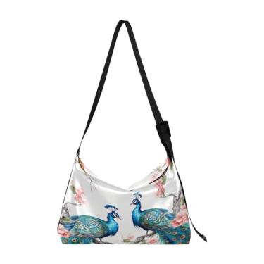 Imagem de Muitos patos de borracha em uma bolsa Hobo de ombro leve azul, bolsa de ombro de couro, bolsa tiracolo de couro para homens, Pavões em pé em um ramo-3, One Size