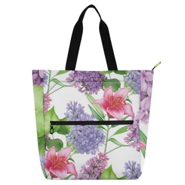 Imagem de GAIGEO Sacola feminina com flores lilás lírios para trabalho, lona, zíper, bolsa de praia, professores, amantes de livros